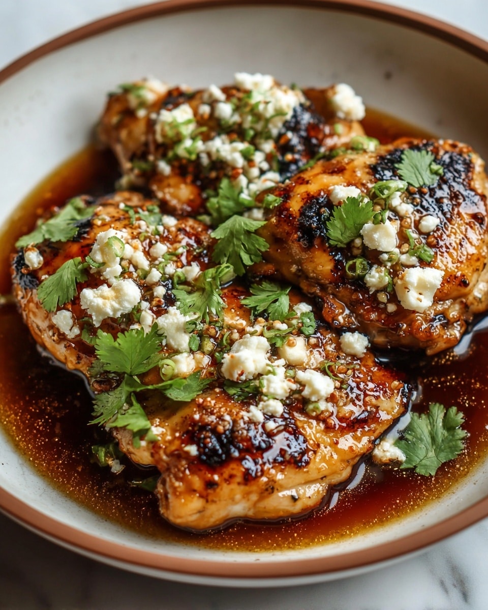 The dish shows three grilled chicken thighs placed side by side in a white bowl with a brown rim. Each chicken piece is golden brown with charred grill marks and juicy texture. They are topped with small chunks and crumbs of white cheese and scattered fresh green cilantro leaves. A glossy, dark brown sauce pools around the chicken, adding shine and moisture. The close-up view highlights each detail with warm lighting. The bowl sits on a white marbled texture surface. photo taken with an iphone --ar 4:5 --v 7