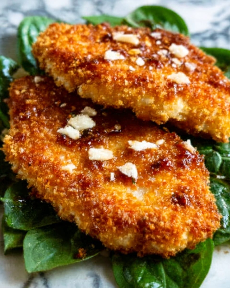 The image shows two golden-brown breaded chicken cutlets placed on a dark green leafy base, possibly spinach or basil leaves. The chicken has a crispy texture with small pieces of white cheese sprinkled on top. The crispy coating looks crunchy and well-fried, covering the whole top side of the cutlets evenly. The leafy greens beneath add a fresh, vibrant green contrast to the warm tones of the chicken, all set on a white marbled surface. Photo taken with an iphone --ar 4:5 --v 7