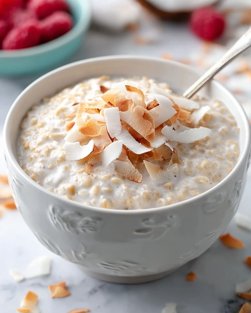 A close-up view of a white bowl filled with creamy oatmeal that has a moist, slightly lumpy texture, topped with a small pile of toasted coconut flakes in the center, showing a mix of golden brown and white colors. The bowl has subtle embossed designs on its surface. A spoon is partially visible, resting inside the bowl on the right side. The background features a white marbled texture with scattered toasted coconut flakes and blurred raspberries and coconut halves in the distance. photo taken with an iphone --ar 4:5 --v 7