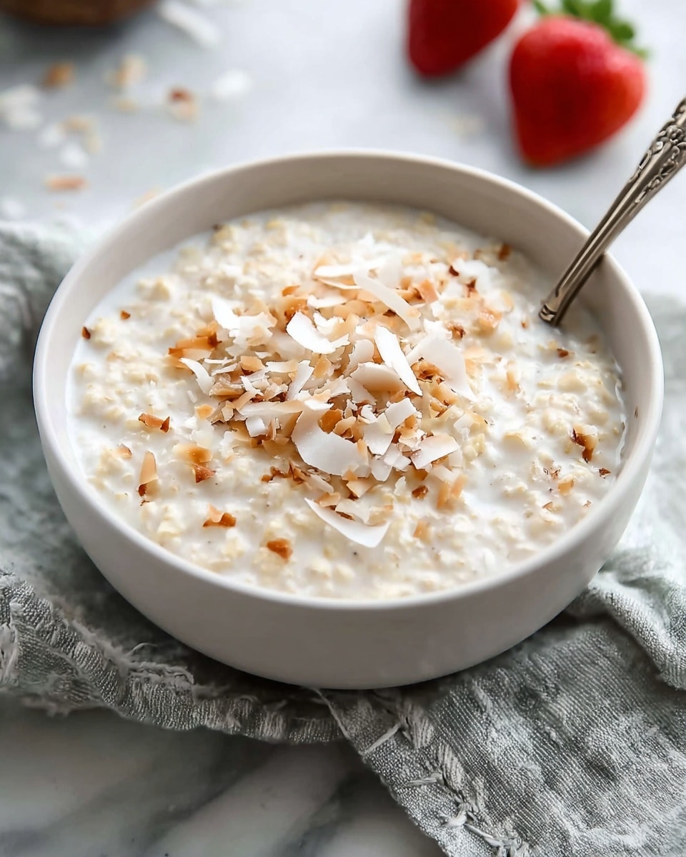 A close-up of a white bowl filled with creamy oatmeal, topped with toasted coconut flakes scattered on the surface, showing a mix of golden brown and white textures. A silver spoon with a detailed handle is partially inside the bowl on the right side. The bowl is placed on a cloth with a soft grey pattern, and slightly blurred strawberries are visible in the background. The setting rests on a white marbled surface. Photo taken with an iphone --ar 4:5 --v 7