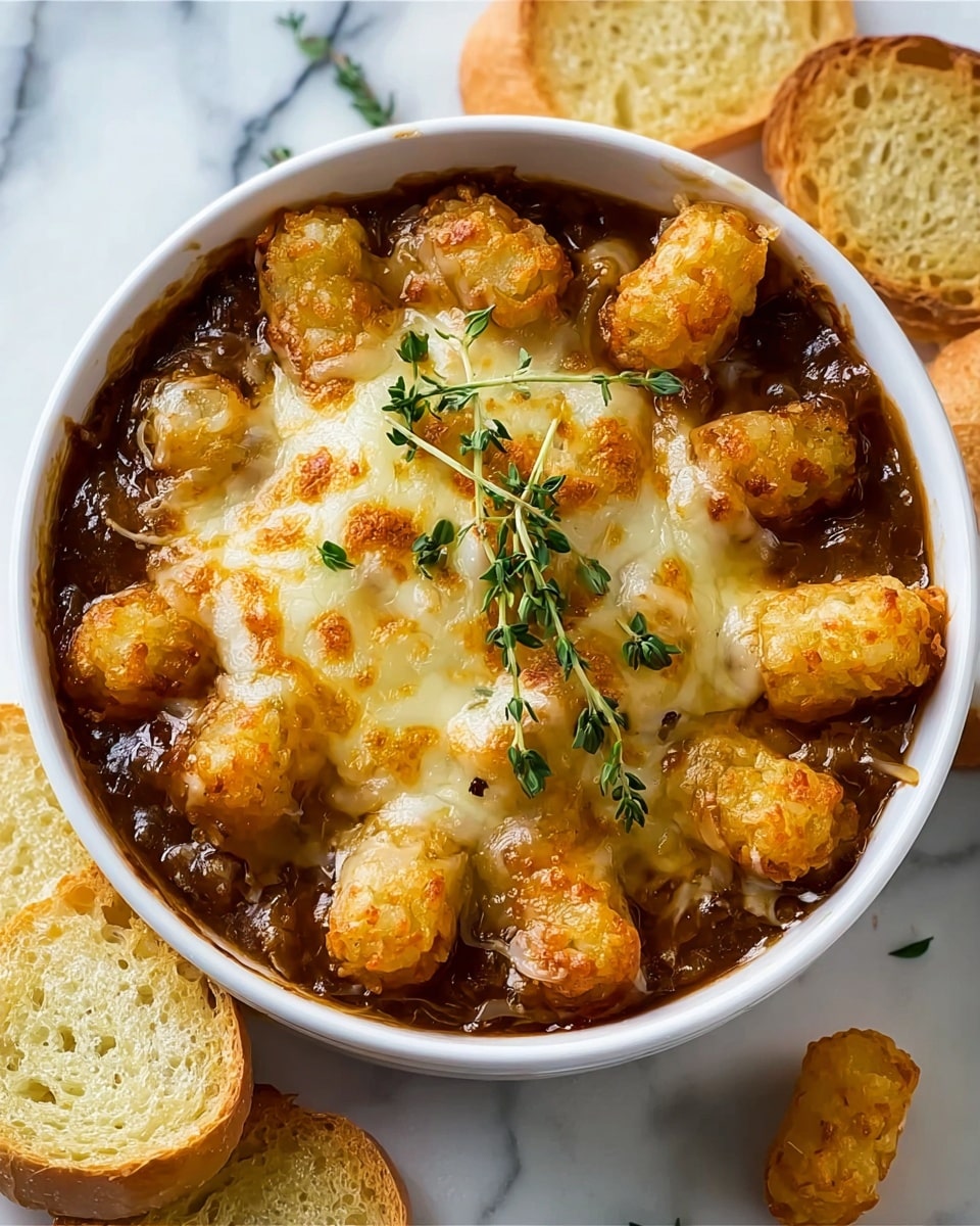 A white bowl filled with a rich, dark brown onion soup serves as the base layer, topped with a golden layer of melted cheese that looks creamy and slightly browned in spots. On top of the cheese, golden brown, crispy tater tots are arranged around the edges and center, adding texture and color contrast. Small green sprigs of fresh thyme garnish the top, adding a splash of color. To the side of the bowl, several slices of toasted white bread with a light golden crust sit partially overlapping on the white marbled surface. Photo taken with an iphone --ar 4:5 --v 7