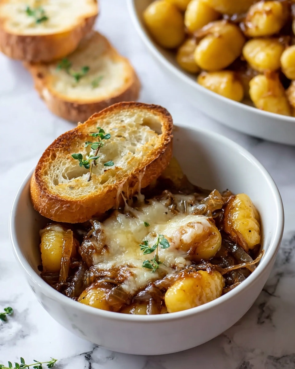 A white bowl filled with gnocchi covered by a caramelized onion sauce and melted cheese on top, with a toasted slice of bread sticking out from the bowl, topped with a small green herb sprig. The gnocchi are golden-yellow and round, sitting in a dark brown, glossy sauce with visible caramelized onions. Two extra toasted bread slices with a light golden crust and small green herb sprigs rest beside the bowl on a white marbled surface. In the background, there is a larger white bowl filled with more gnocchi. photo taken with an iphone --ar 4:5 --v 7
