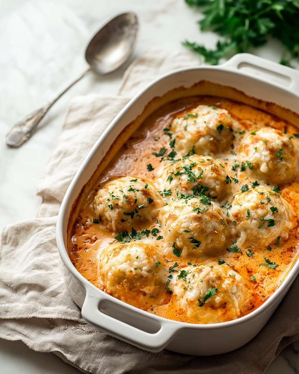 A white ceramic baking dish filled with eight round dumplings sitting in an orange creamy sauce, each dumpling lightly golden on top with small bits of melted cheese and sprinkled with chopped green herbs. The dumplings are evenly spaced and partially sunken into the sauce, which has a smooth texture and clings to the edges of the dish. The dish rests on a beige cloth on a white marbled surface, with a silver spoon and green leafy herbs blurred in the background. Photo taken with an iphone --ar 4:5 --v 7