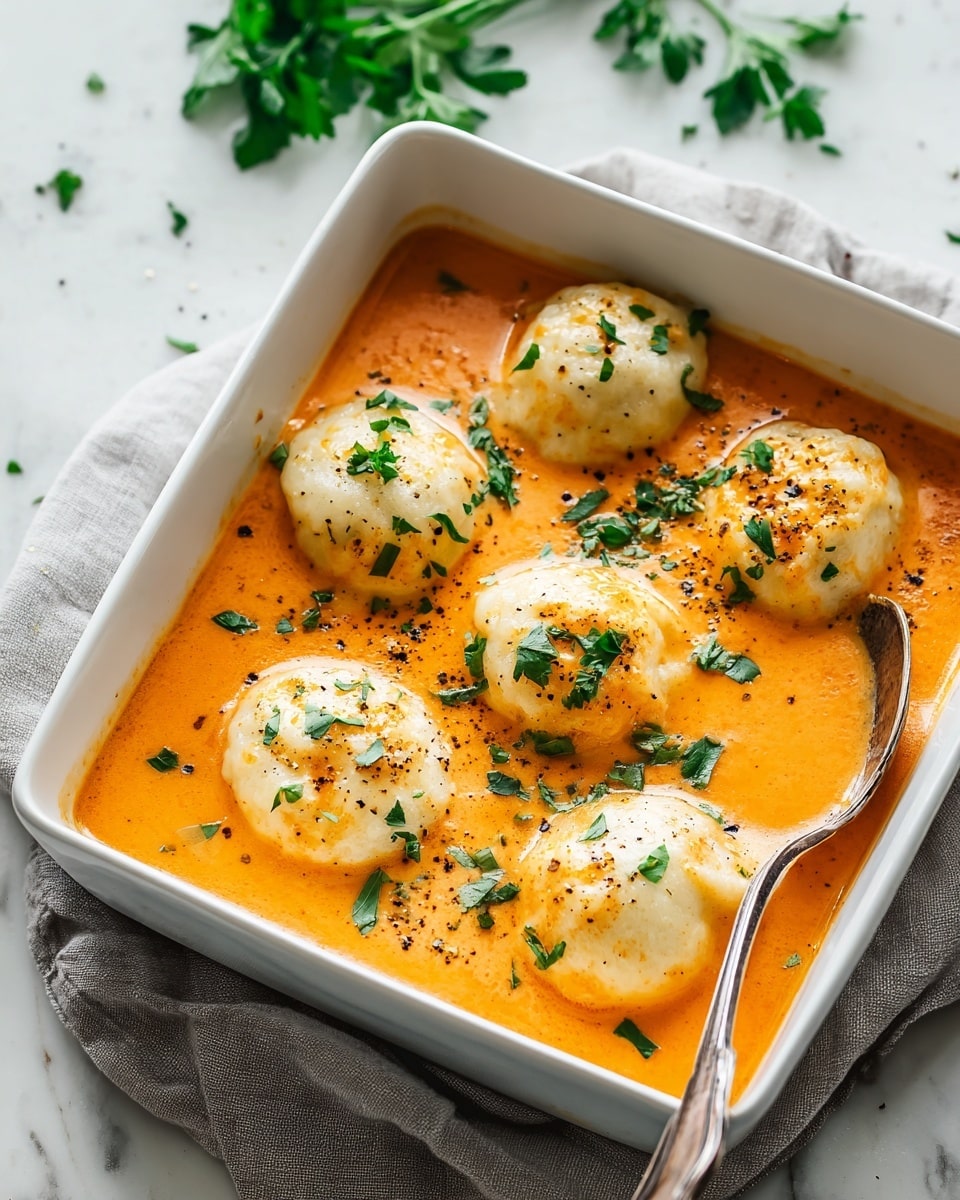 A white square baking dish holds six creamy white dumplings evenly spaced and swimming in a thick, smooth orange sauce. The sauce has a rich texture and pools gently around the dumplings. Small green parsley leaves are sprinkled on top, adding spots of fresh color, along with tiny black pepper specks. A silver spoon is placed on the right side, partially dipped into the sauce. The dish sits on a soft gray cloth over a white marbled surface, with fresh parsley visible in the background. photo taken with an iphone --ar 4:5 --v 7