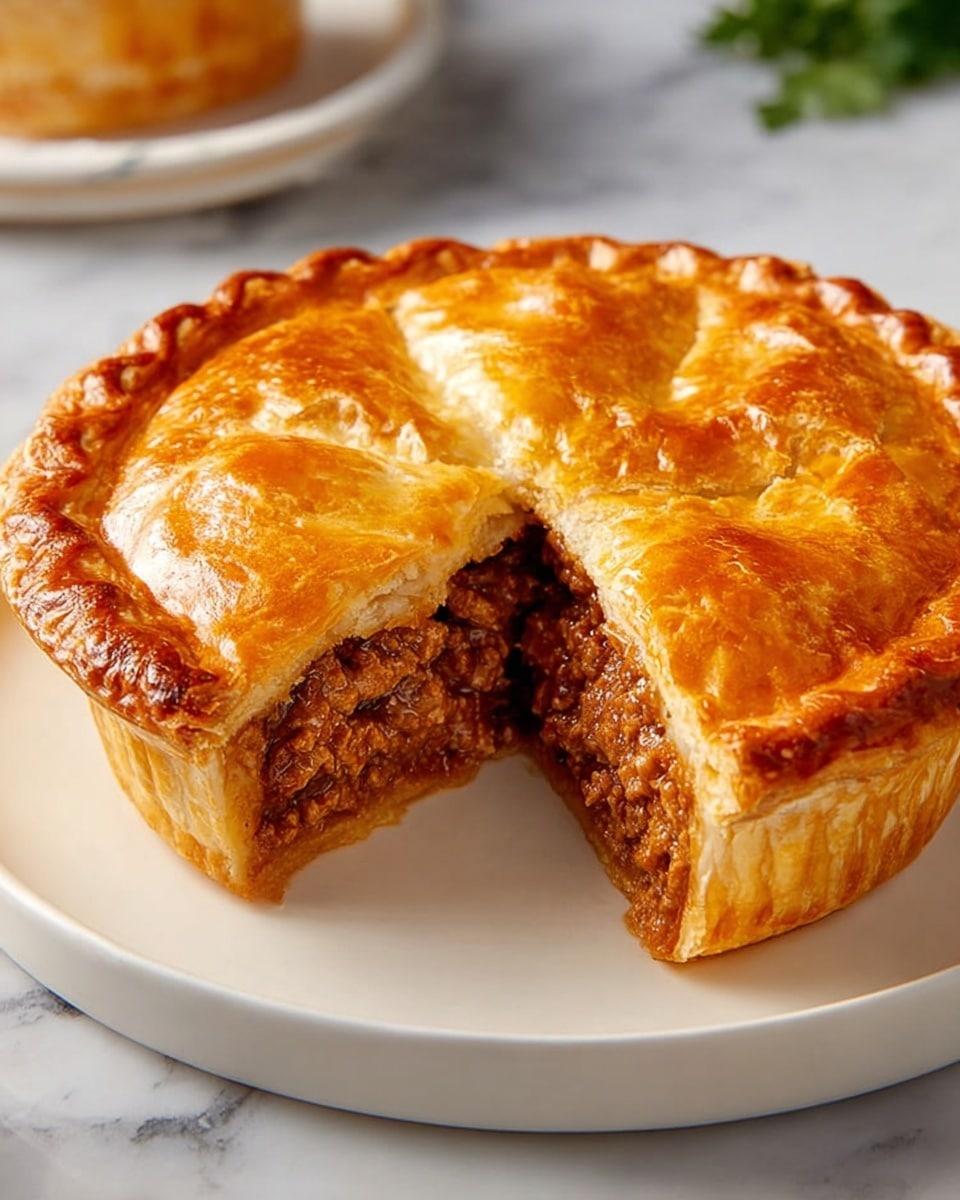 This is a close-up of a small pie with a shiny, golden brown, flaky crust on the top and sides. The pie is cut open to show two thick layers inside: the top layer is a crisp, slightly puffed crust, and the bottom filling layer is a dense, rich, brown meat mixture with a moist texture. The pie sits on a simple, white plate placed on a white marbled surface. In the background, there is a blurred second pie and a white vase with green leaves. photo taken with an iphone --ar 4:5 --v 7
