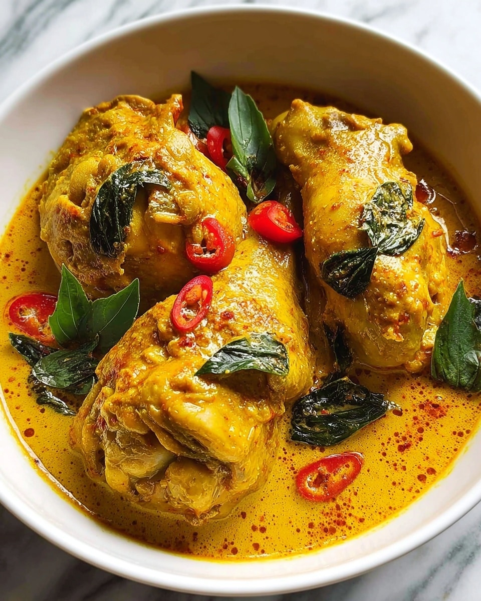 The image shows a white bowl filled with a yellow curry containing large pieces of chicken. The curry looks creamy and has green herbs sprinkled on top, adding fresh green color. The chicken pieces are surrounded by the thick, rich sauce. Next to the bowl is a small white plate with lime wedges and a clear glass of water. The background surface is a white marbled texture. Photo taken with an iphone --ar 4:5 --v 7