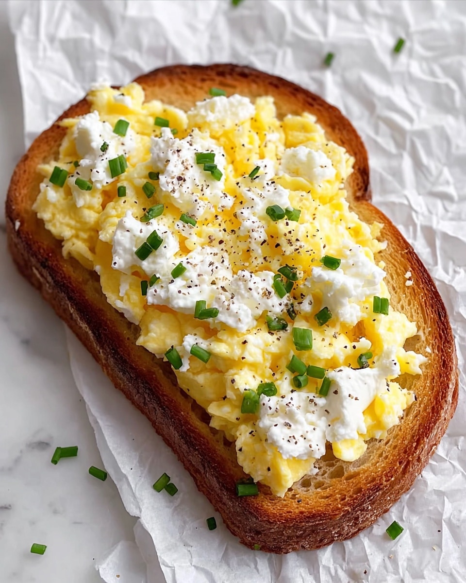 A single slice of toasted bread with a golden-brown crust sits on crinkled white paper over a white marbled surface. On top, there are two layers: the first layer is fluffy, scrambled eggs in a pale yellow color with a soft texture, and the second layer consists of white, creamy cottage cheese dollops spread evenly. Small pieces of bright green chopped chives are scattered across the cheese, along with a light sprinkling of black pepper. The overall look is fresh and inviting, with the soft textures contrasting against the crispy toast. photo taken with an iphone --ar 4:5 --v 7