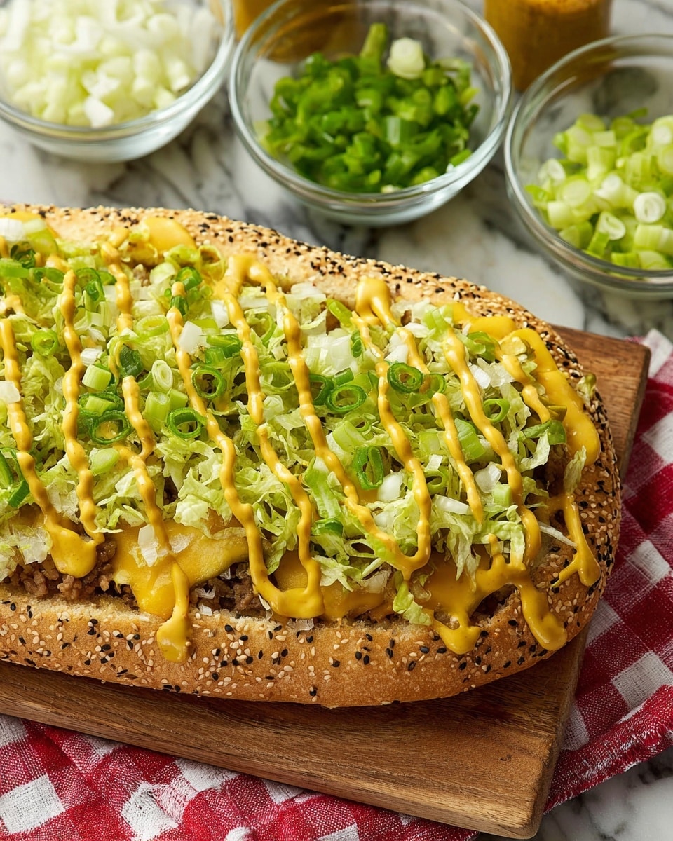 The image shows a close-up of a thick pizza with a sesame seed crust sitting on a wooden board. The pizza has several layers: a base covered in melted yellow cheese, topped with small bits of browned meat, followed by a thick layer of shredded light green lettuce mixed with chopped pickles. Drizzled over the top is a creamy orange sauce that melts slightly over the crust edge. In the background, there are clear glass bowls with chopped pickles and a red and white checkered cloth partially visible. The surface is a white marbled texture. photo taken with an iphone --ar 4:5 --v 7