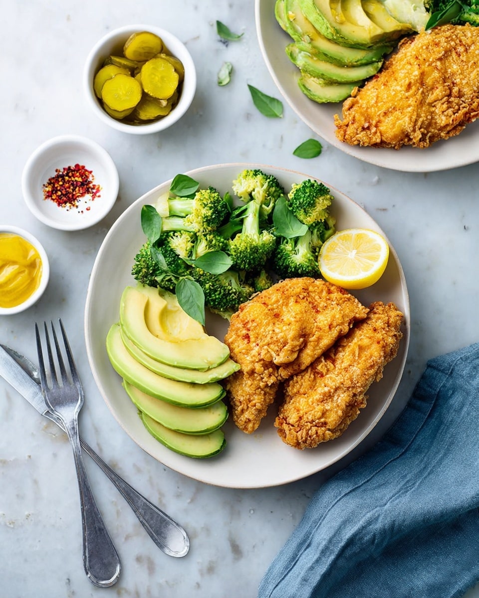Two white plates each hold a meal with three main parts. The largest part is two pieces of golden-brown crispy fried chicken with a crunchy texture on the right side of the plate. To the left, there are bright green broccoli florets arranged in a small pile with basil leaves scattered on top. Above the broccoli, there are three slices of smooth, light green avocado neatly laid out next to a bright yellow lemon wedge for a fresh touch. Around the plates, small white bowls hold yellow pickle slices, thick yellow sauce, and red pepper flakes. A fork and knife lie side by side on the left on a white marbled surface with a blue cloth napkin slightly folded on the right. Photo taken with an iphone --ar 4:5 --v 7