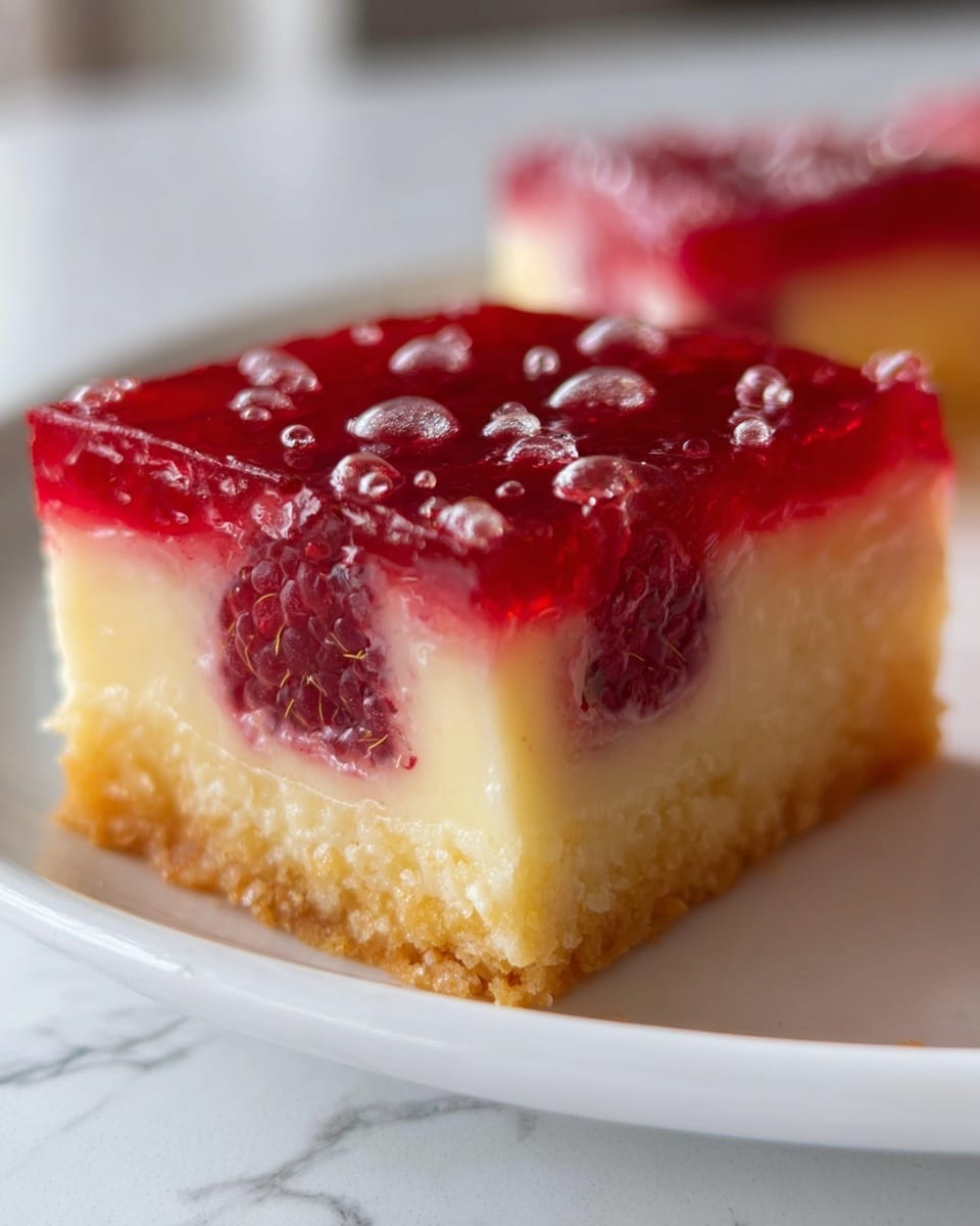 A close-up view of a square dessert bar on a white plate, placed on a white marbled surface; the bar has three layers with the bottom layer golden brown and crumbly, the middle layer thick, creamy, and light yellow, and the top layer is a glossy red raspberry gelatin with whole raspberries visible inside, with some clear glaze drops on top adding shine, photo taken with an iphone --ar 4:5 --v 7