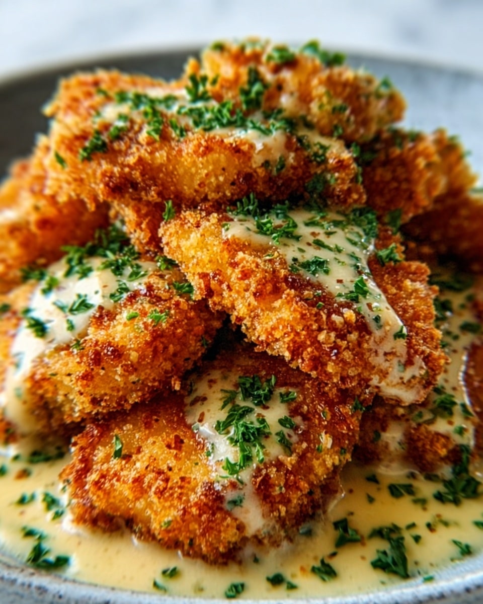 The image shows several pieces of golden brown, crispy fried food arranged closely together. Each piece has a crunchy, textured outer layer that looks well-fried, topped with a smooth, creamy white sauce. There are small green herb sprinkles on top of the sauce, adding a fresh look. The pieces are placed on a white plate against a white marbled surface background. The overall look is warm and appetizing, with a good contrast between the crispy brown exterior and the creamy sauce on top. photo taken with an iphone --ar 4:5 --v 7
