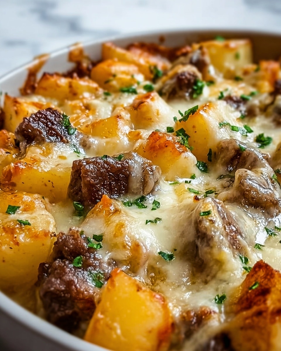 A white bowl filled with three main layers: the bottom layer is a brown, clear broth pooling around the dish; the middle layer consists of whole potatoes covered with melted bright yellow cheddar cheese, some cheese dripping down the sides; the top layer has medium-sized pieces of dark brown cooked beef scattered evenly, all sprinkled with finely chopped green parsley for garnish. The bowl is set on a white marbled surface. Photo taken with an iphone --ar 4:5 --v 7