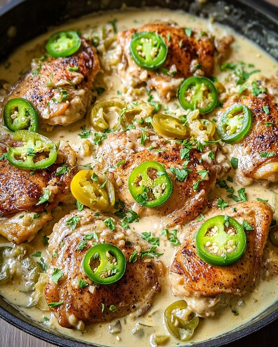 A skillet filled with seven browned chicken thighs arranged in a circular pattern, each piece covered with a creamy light tan sauce. Green sliced jalapeños are scattered on top and between the chicken pieces, adding pops of green-yellow color and texture. The sauce looks smooth and thick with small bits visible inside, likely herbs or spices. Fresh green chopped herbs are sprinkled over the dish, giving it a fresh look. Photo taken with an iphone --ar 4:5 --v 7