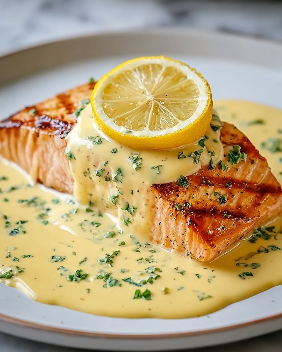 A piece of cooked salmon with a light brown grilled texture forms the base layer, topped with a thick creamy yellow sauce sprinkled with green herbs, spreading out around the salmon on a white plate. On top of the salmon sits a bright yellow lemon slice, providing a fresh contrast in color. The plate rests on a white marbled surface. photo taken with an iphone --ar 4:5 --v 7