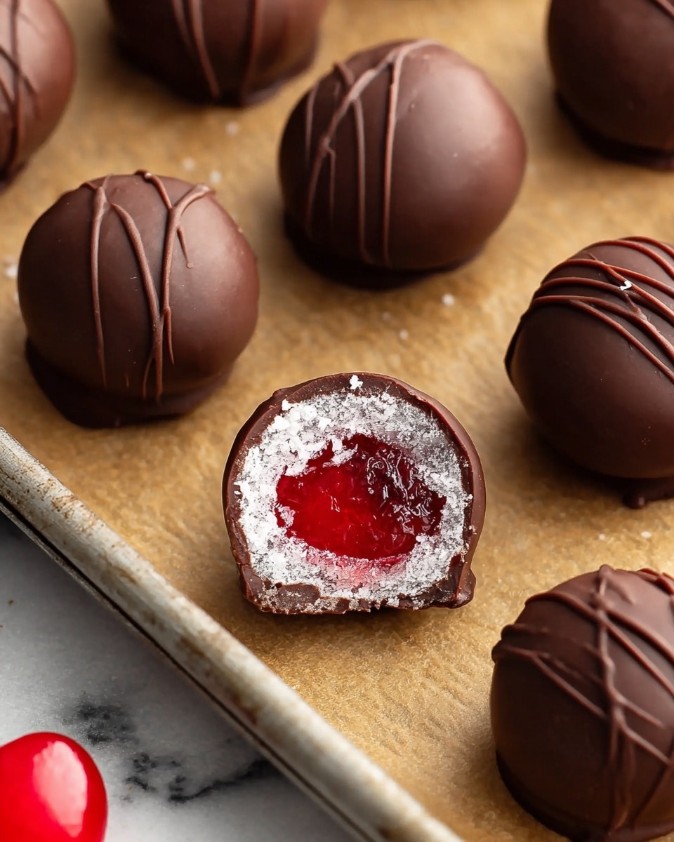 A close-up view of round chocolate truffles arranged on light brown parchment paper placed over a baking tray. The truffles have a smooth, dark brown chocolate shell with a few decorated with thin chocolate lines on top. One truffle near the center is bitten, revealing three layers: a glossy bright red jelly center, a white sugary coating surrounding the jelly, and the outer dark chocolate shell. In the lower left corner, a shiny bright red cherry is partially visible. The background below the tray shows a white marbled surface. photo taken with an iphone --ar 4:5 --v 7