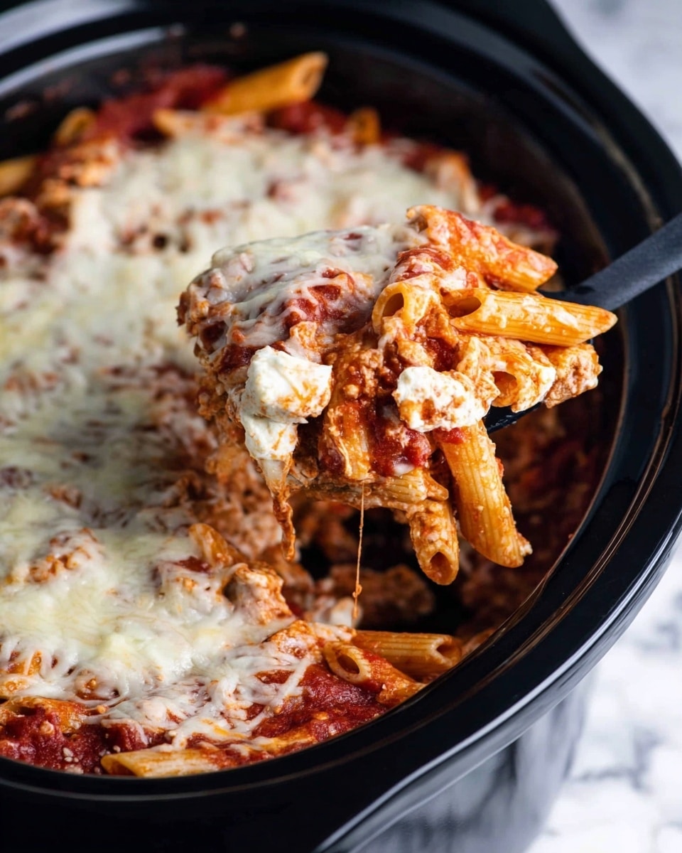 The image shows a close-up of a black slow cooker filled with layered baked pasta. The bottom layer is made of rigatoni pasta coated with a chunky red tomato sauce mixed with browned ground meat. Above this is a thick layer of creamy white ricotta cheese and smooth mashed textures. The top layer is golden melted mozzarella cheese slightly browned and bubbly. Steam rises gently from the hot dish, and a metal spoon digs into the layers, lifting a portion that shows clear pasta tubes, the white cheese, and red sauce layers. The cooker sits on a white marbled texture. photo taken with an iphone --ar 4:5 --v 7