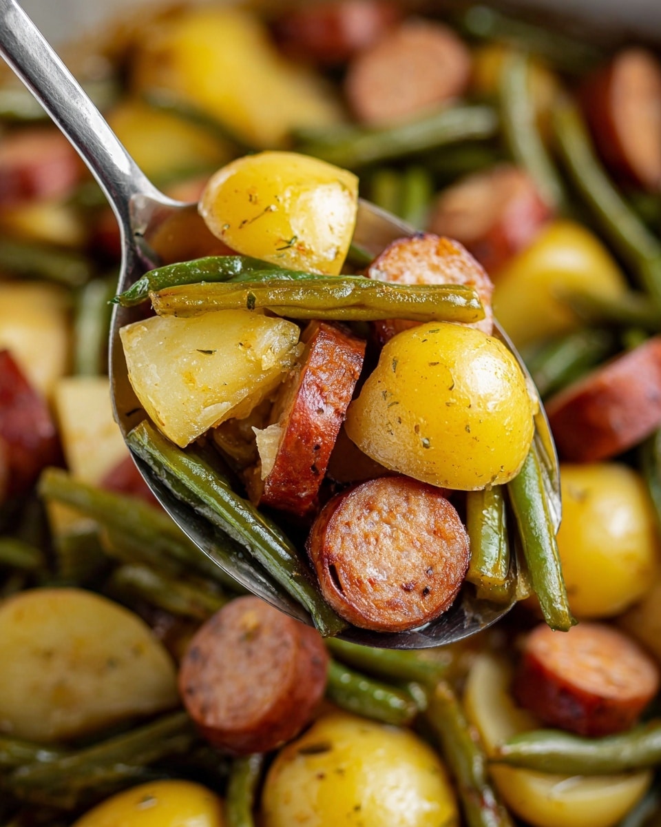 The image shows a close-up of a spoon full of cooked food, featuring layers of halved golden-yellow potatoes with a smooth, soft texture, green beans that are long, slightly wrinkled, and shiny, and slices of browned sausage with a reddish-brown crust and juicy interior. The spoon is held over a large pan filled with the same mix of ingredients, creating a colorful and hearty visual with a warm, rustic feel. The background has a white marbled texture. Photo taken with an iphone --ar 4:5 --v 7