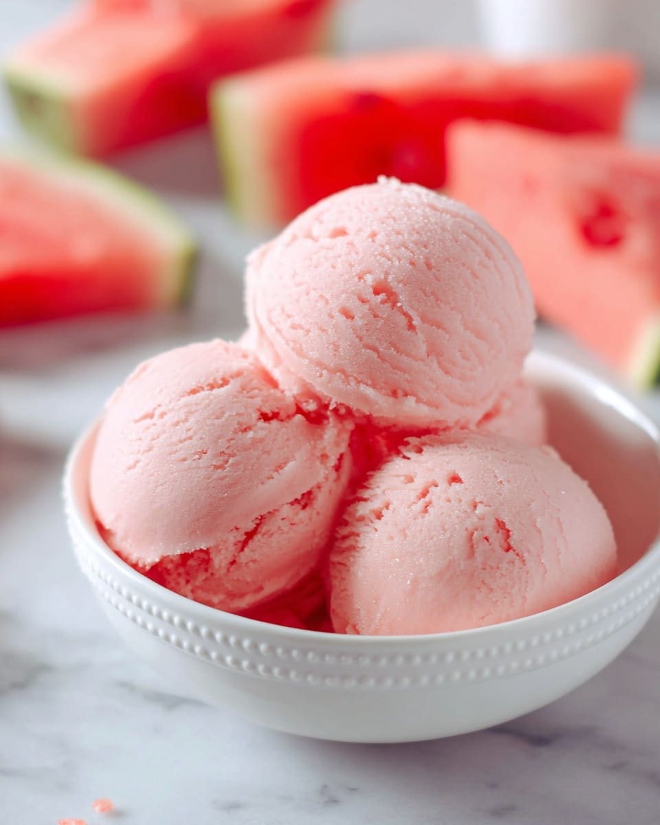 The image shows three smooth, round scoops of pale pink ice cream with a slightly soft texture, placed closely together inside a white bowl with small raised dots around its edge. The scoops have faint cracks and a creamy surface, giving a fresh, soft look. Behind the bowl, there are two blurred pieces of watermelon with a rich red color, providing a contrast to the pastel ice cream. The bowl sits on a white marbled surface with subtle gray veins. Photo taken with an iphone --ar 4:5 --v 7