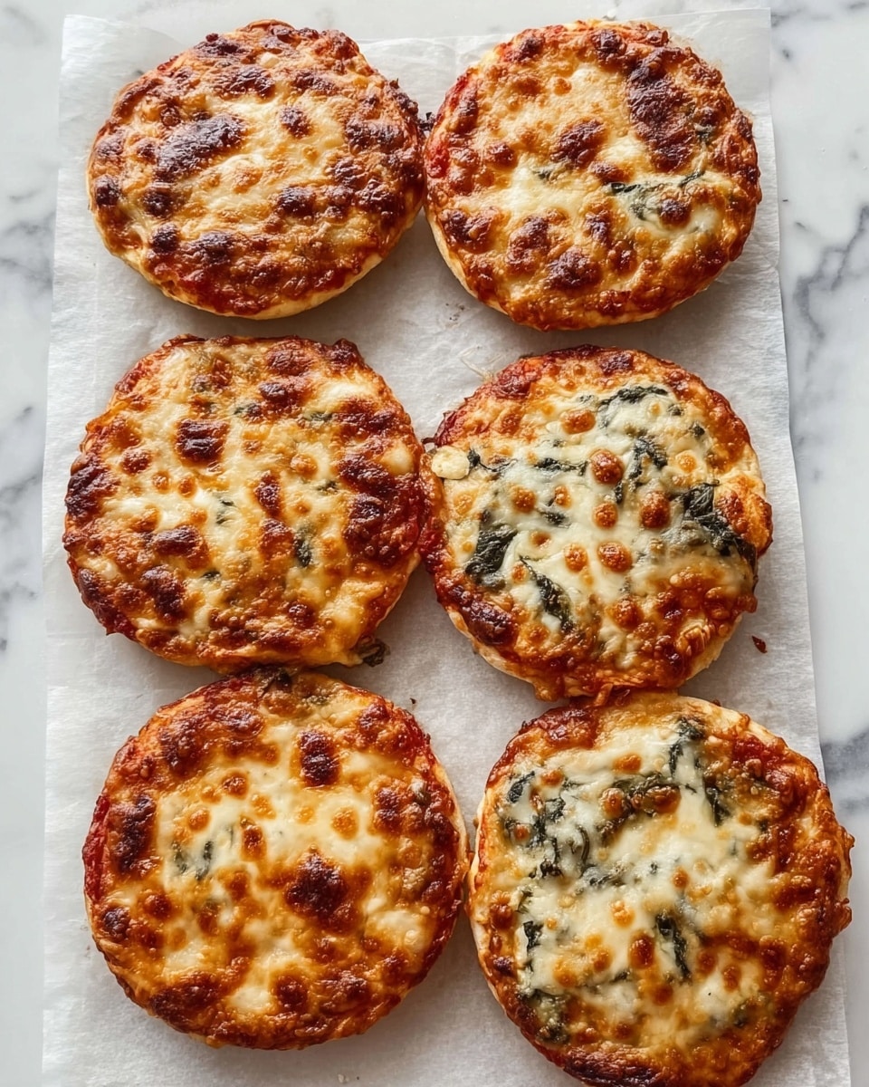 Six small round pizzas are shown on a sheet of white parchment paper placed on a white marbled surface. The pizzas vary in cheese coverage and browning; three have a golden-brown bubbly cheese layer with some darker brown spots, suggesting melted mozzarella, over a tomato sauce base. The other three pizzas have a lighter cheese topping with visible green spinach leaves mixed in, and the cheese is melted but less browned. Each pizza is about the same size, with a slightly uneven edge and a soft, fluffy crust. The overall look is rustic and freshly baked. Photo taken with an iphone --ar 4:5 --v 7