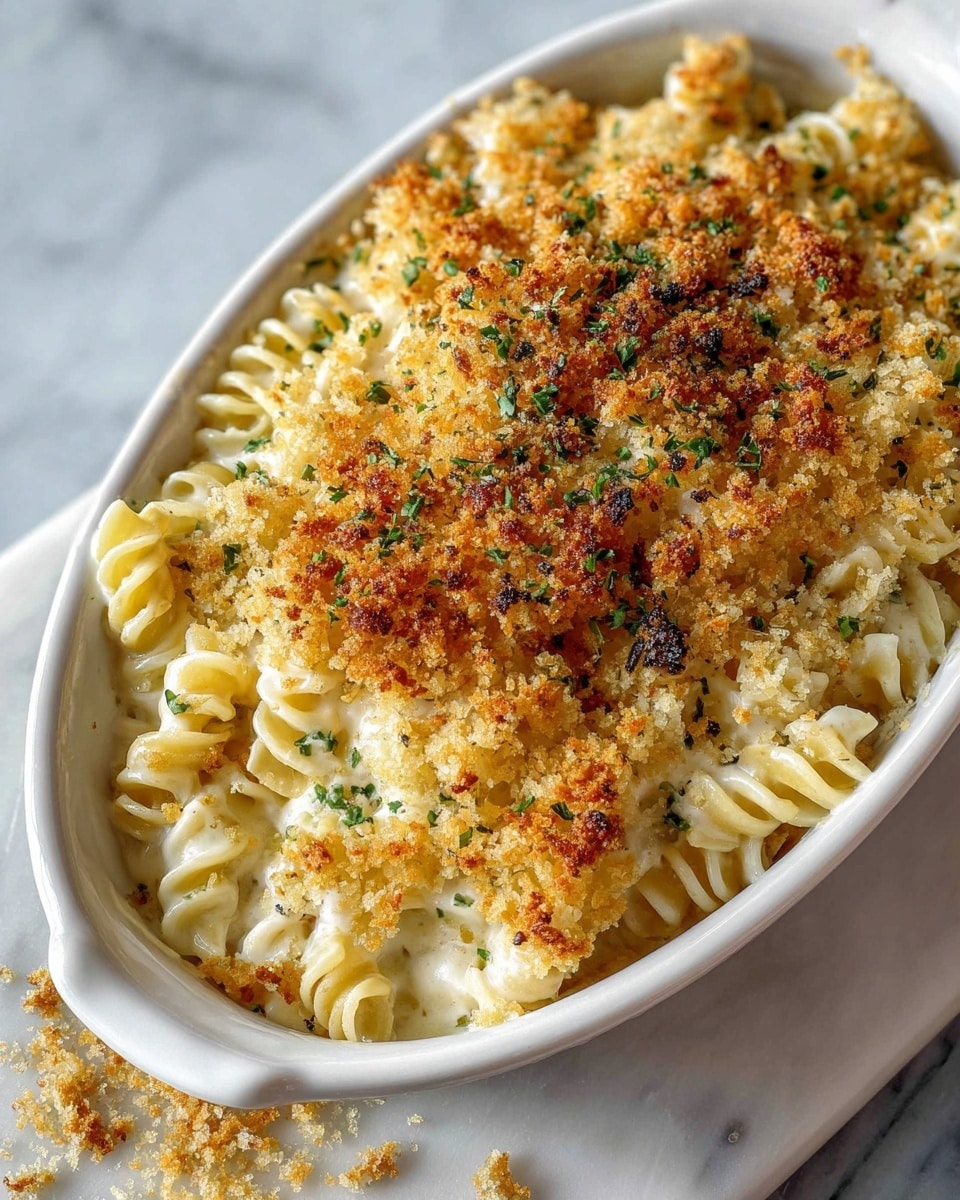 A close-up of a white casserole dish filled with creamy macaroni and cheese, showing about two layers: the bottom layer is pale yellow creamy pasta spirals covered in melted, stringy cheese, and the top layer is a golden brown crispy breadcrumb topping with small green herb pieces sprinkled on it. A golden spoon lifts a cheesy serving, with melted cheese strings stretching from the dish. The dish sits on a white marbled surface with some breadcrumbs scattered around. photo taken with an iphone --ar 4:5 --v 7