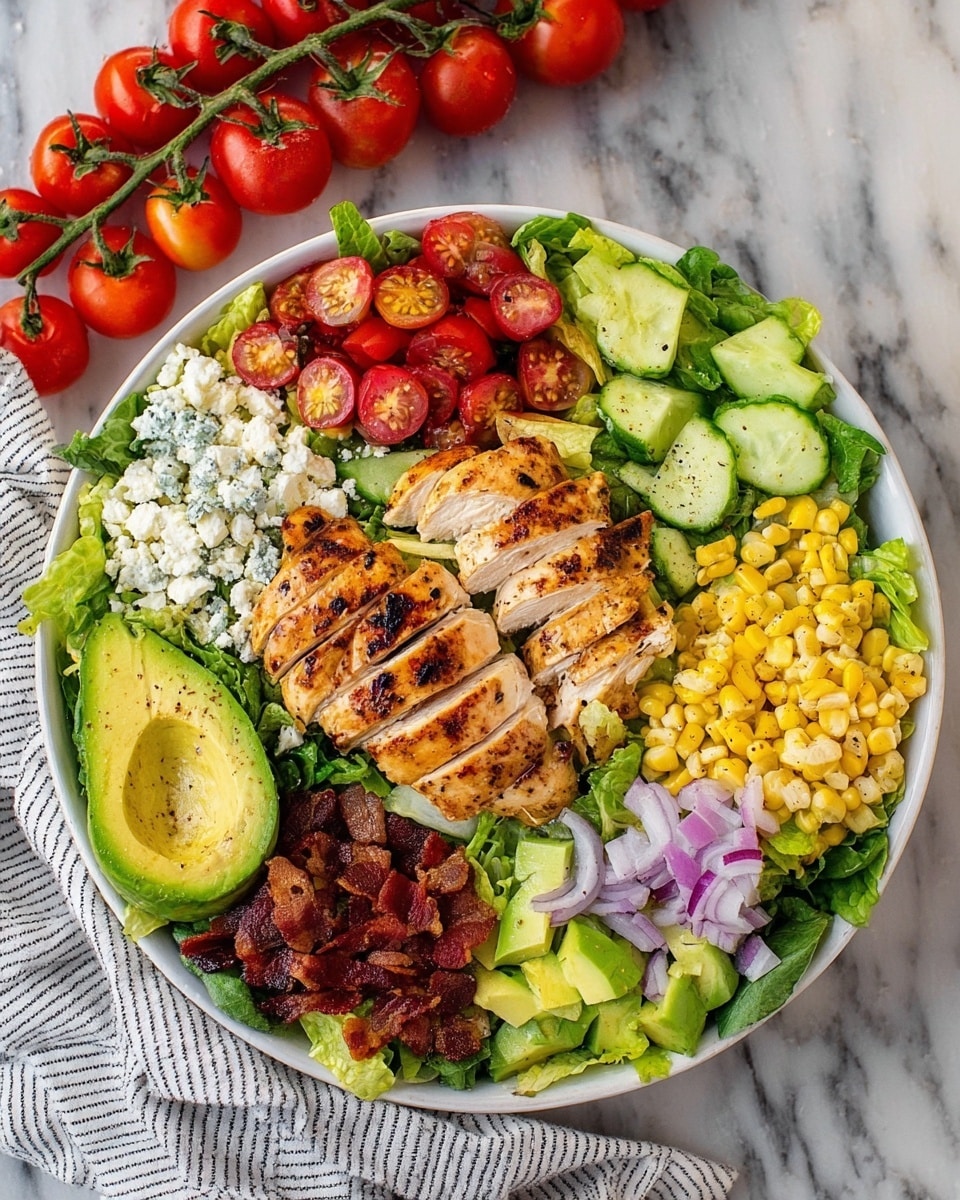 A white bowl is filled with a colorful salad arranged in layers. The base layer is green leafy lettuce spread all over. On top, there are two rows of grilled chicken breast slices with a golden-brown and herb-speckled texture placed in the center. Around the chicken, there are cut cherry tomatoes in bright red, sliced avocado in green with visible slices, chopped cucumber in light green, steamed yellow corn kernels, small crispy bacon pieces in dark red, crumbled white cheese on the side, and thinly sliced red onion rings. The bowl is placed on a white marbled surface. Photo taken with an iphone --ar 4:5 --v 7