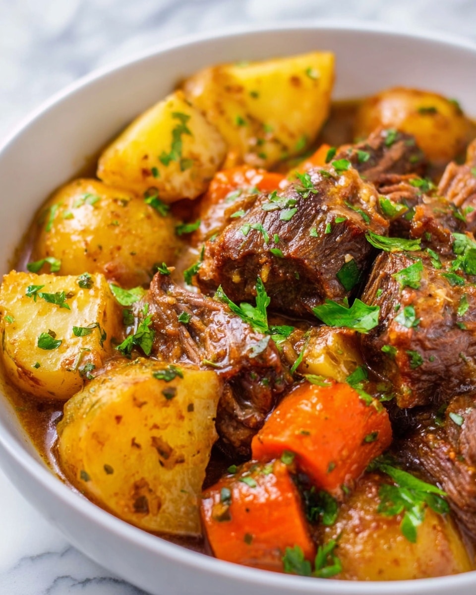 In this close-up image, there's a white bowl filled with a stew showing three main layers. The back layer has chunky yellow potatoes with a slightly rough texture, dotted with green herb bits. The middle layer contains bright orange carrot pieces that are soft and shiny from the sauce. The front layer shows tender dark brown meat pieces with a moist texture, topped with fresh green herbs scattered unevenly. Everything is coated in a glossy brown sauce that adds a rich look to the dish. The photo is taken on a white marbled surface. Photo taken with an iphone --ar 4:5 --v 7