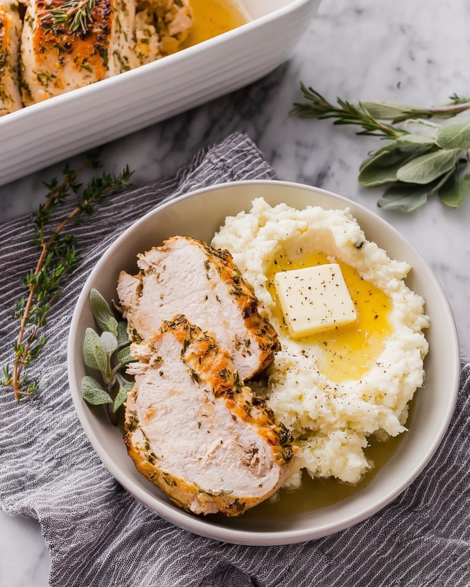 A white bowl contains two thick slices of herb-roasted turkey breast with a golden-brown, textured crust showing bits of green herbs and a juicy, tender inside. Next to the turkey, there is a generous serving of creamy mashed potatoes topped with a square of melting butter and sprinkled with black pepper. The dish sits on a grey and white striped cloth, with fresh green herbs placed beside the bowl. A white baking dish in the corner holds more pieces of herbed turkey, and a white marble surface forms the background. photo taken with an iphone --ar 4:5 --v 7