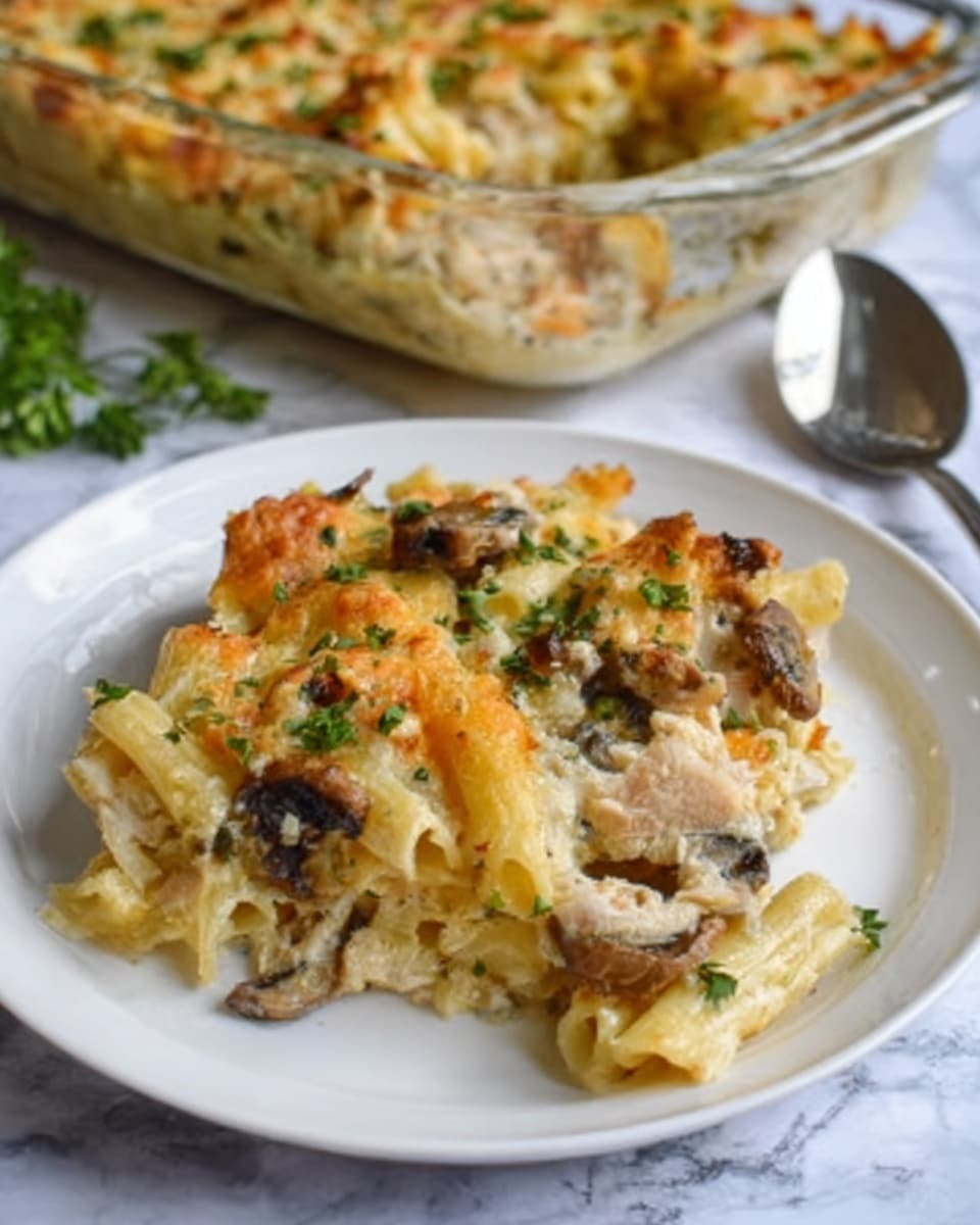 The image shows a white plate with a serving of baked pasta. The pasta layers include creamy cheese in white and light yellow shades, mixed with bits of cooked mushrooms in dark brown, and chunks of chicken in light brown. On top, there is a golden-brown baked cheese crust with some herbs like parsley sprinkled in green. In the background, a glass baking dish with more pasta is placed on a white marbled surface, and a spoon lies nearby. The photo taken with an iphone --ar 4:5 --v 7