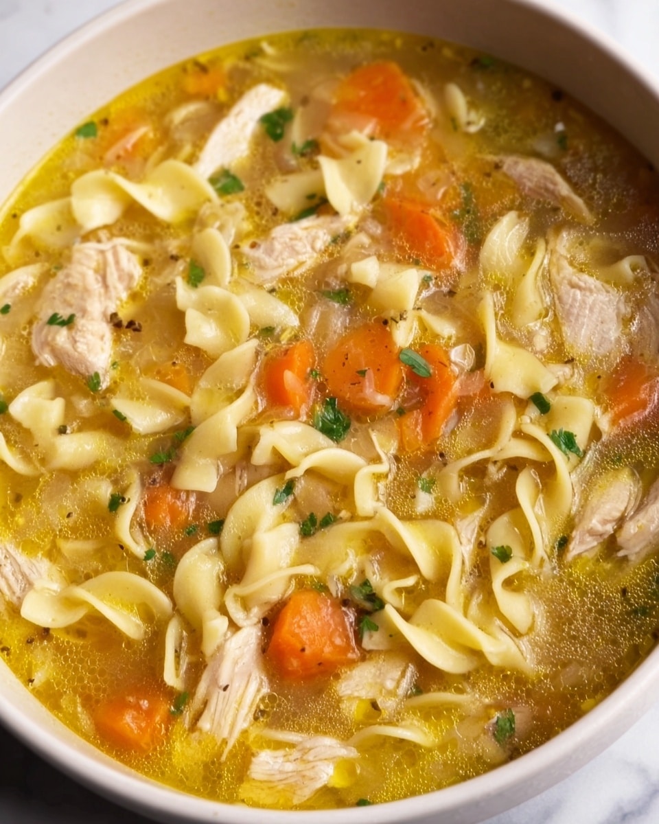 A white bowl filled with three main layers: the bottom layer is a clear golden broth, the middle layer consists of thick, flat, light yellow egg noodles, and the top layer has bright orange carrot slices and small pieces of white shredded chicken scattered throughout. A silver spoon is partially dipped into the bowl, lifting some noodles and chicken. The bowl is placed on an orange cloth with white stitched lines, set against a white marbled texture. photo taken with an iphone --ar 4:5 --v 7