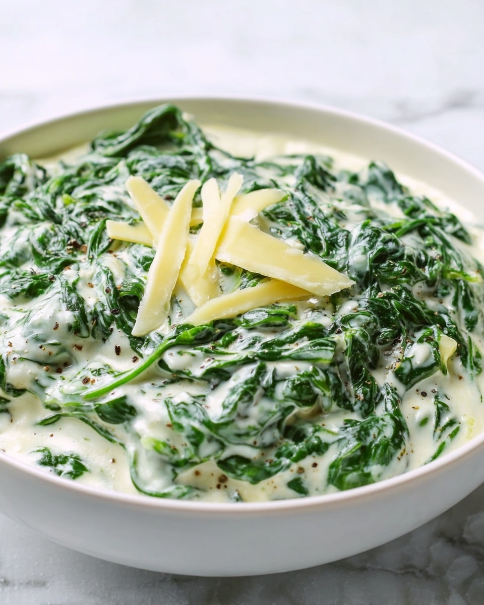 A close-up view of a creamy spinach dish served in a white bowl, showing one main layer of cooked, bright green spinach leaves mixed with a thick, white, smooth sauce that has specks of black pepper. On top, there is a small garnish of pale yellow, thin, sliced butter pieces arranged near the center. The bowl sits on a white marbled texture surface. photo taken with an iphone --ar 4:5 --v 7