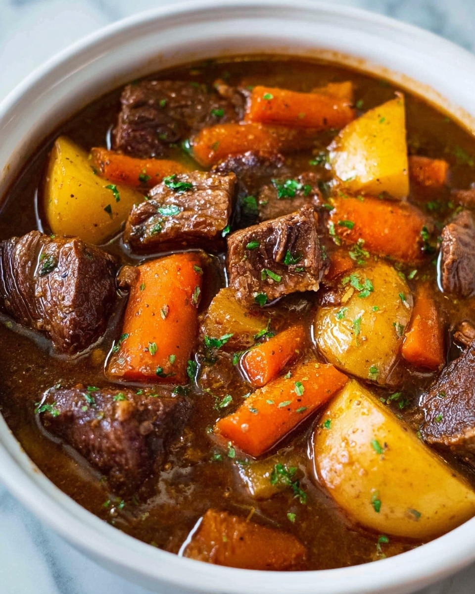 The image shows a close-up view of a white bowl filled with a beef stew. The stew has thick brown broth covering three layers: large chunks of dark brown beef pieces, bright orange carrot chunks, and yellow potato pieces cut into wedges. Small green herb bits are sprinkled on top of the stew, adding a fresh color contrast. The bowl sits on a white marbled surface, and the stew looks rich and hearty, with juicy textures visible on the beef and soft-looking potato and carrot chunks. photo taken with an iphone --ar 4:5 --v 7