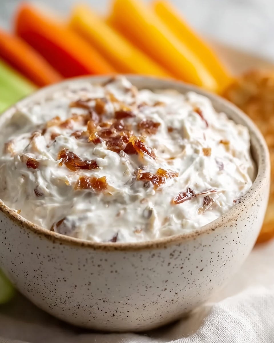 A close-up image of a thick, creamy white dip with small pieces of caramelized brown onions mixed throughout, filling a white speckled bowl that sits on a white cloth. In the background, there are colorful raw vegetable sticks including orange, green, and yellow, softly blurred. The surface under the cloth is a white marbled texture. photo taken with an iphone --ar 4:5 --v 7