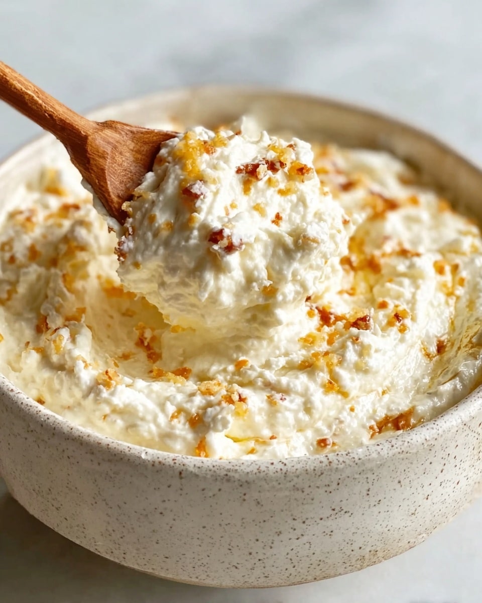 A close-up image of a creamy white mixture in a white speckled bowl, with a wooden spoon lifting a scoop of it. The mixture is thick and textured with small orange-brown bits scattered throughout, giving it a chunky appearance. The bowl sits on a white marbled surface. photo taken with an iphone --ar 4:5 --v 7