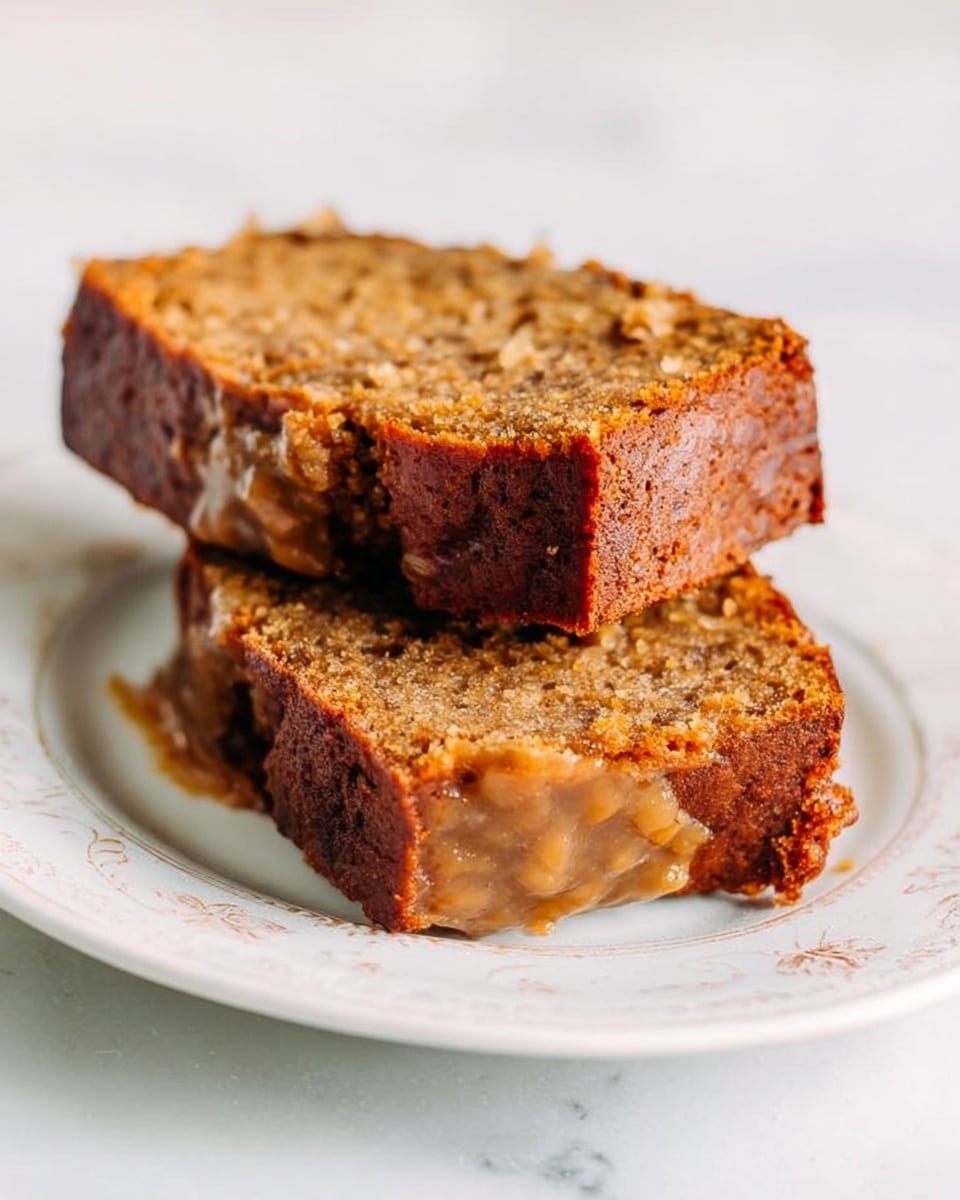 Two slices of moist brown banana bread with a soft, slightly crumbly texture are stacked on a white plate with a subtle floral design. The top slice is smaller and placed diagonally on top of the larger slice, showing a dense, speckled inside with bits of banana. The bread has a slightly darker brown crust around the edges. The plate sits on a white marbled surface. Photo taken with an iphone --ar 4:5 --v 7