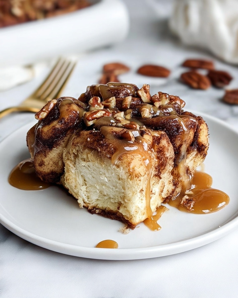 The image shows a square slice of cinnamon roll with three visible layers: the bottom layer is light beige and soft, the middle layer is swirled with dark brown cinnamon, and the top layer is rich with thick cinnamon swirls and pecans scattered on top. A golden caramel-like sauce is drizzled over the top, dripping slightly down the sides. The cinnamon roll sits on a simple white plate, placed on a white marbled surface. In the background, there is a gold fork and pieces of pecans. Photo taken with an iphone --ar 4:5 --v 7