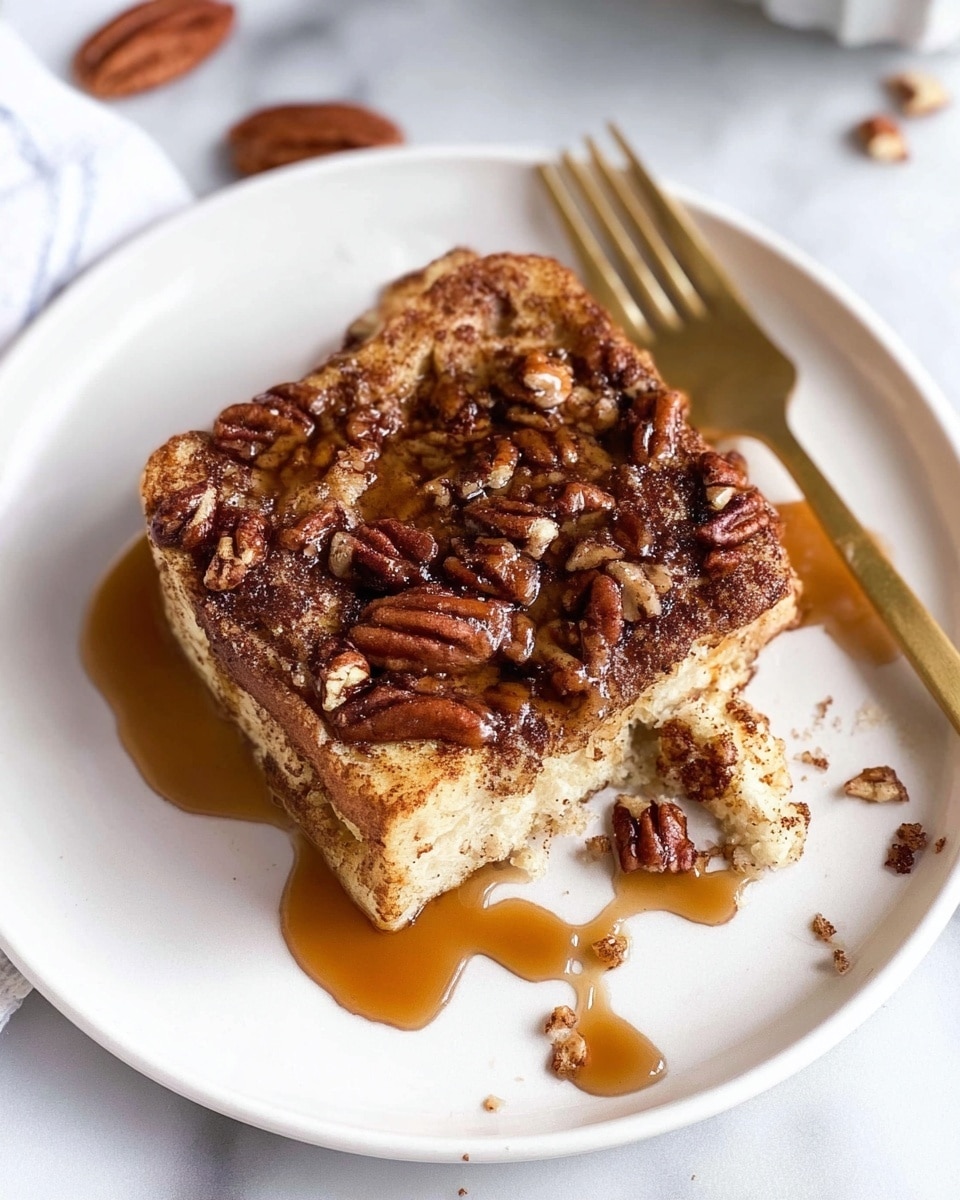 A white plate holds a square slice of baked cinnamon French toast with a golden-brown top layer covered in toasted pecans and a drizzle of shiny caramel sauce. The toast shows soft, fluffy bread underneath with a slightly crisp crust, and some crumbs have fallen onto the plate. Around the plate, the white marbled surface is visible with a few scattered pecans and a gold fork placed nearby. Photo taken with an iphone --ar 4:5 --v 7