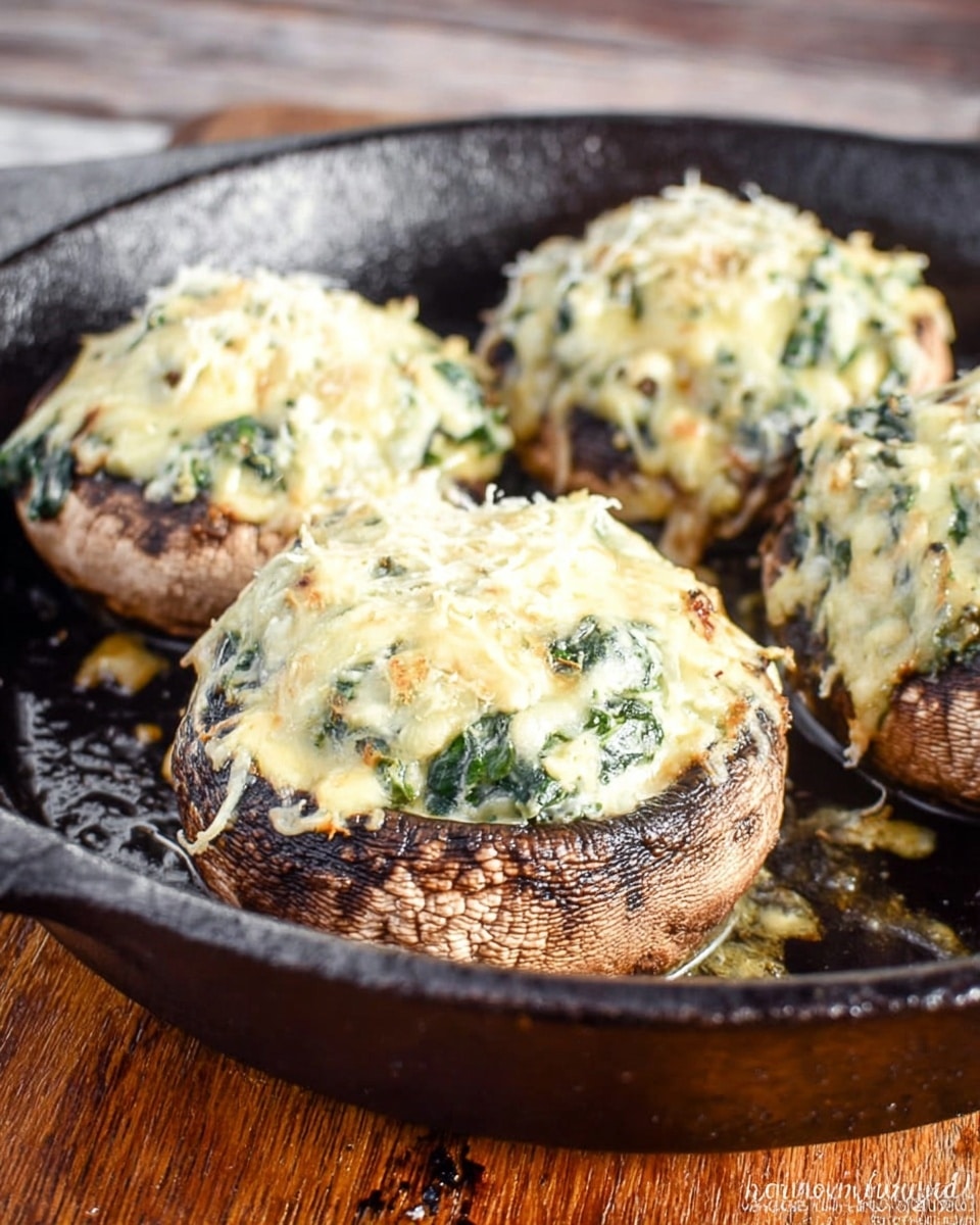 A close-up view of four large dark brown filled mushrooms cooked in a black skillet. Each mushroom is filled with a creamy mixture that is pale yellow with green flecks, likely spinach, and melted cheese. The filling is generously heaped over each mushroom cap, with some cheese strands melting and hanging over the edges. The skillet sits on a wooden surface, showing some drips of oil or sauce around the mushrooms. The texture of the mushroom caps looks soft and fragrant from cooking. photo taken with an iphone --ar 4:5 --v 7
