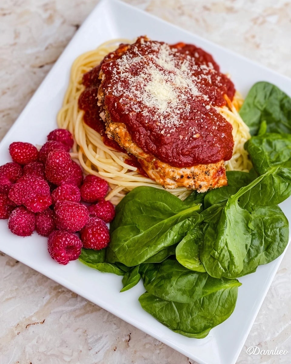 A white square plate holds a meal with three main parts. On the bottom center, there is a layer of light yellow spaghetti pasta. On top of the pasta, there is a thick, deep red tomato sauce layer covered by a round piece of breaded chicken breast with a sprinkling of grated cheese. To the left of the pasta and chicken, there is a small pile of bright red raspberries with a bumpy texture. To the right side of the plate, fresh green spinach leaves with visible veins and soft texture are neatly placed. The plate is set on a white marbled surface. photo taken with an iphone --ar 4:5 --v 7