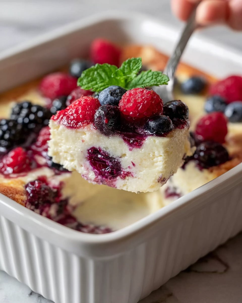 A close-up of a square white ceramic baking dish filled with a creamy white baked custard that has a soft and fluffy texture. The custard is topped with a mix of fresh berries including red raspberries, dark blackberries, and blue blueberries, some slightly sunken into the custard surface. A bright green mint leaf adds a touch of color on top. A woman’s hand is holding a utensil lifting a square piece showing layers of creamy custard with embedded raspberries inside, and juicy berry topping on the surface. The dish sits on a white marbled surface. photo taken with an iphone --ar 4:5 --v 7