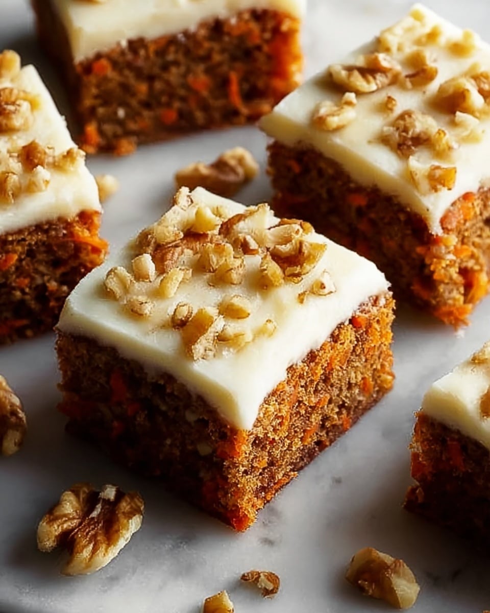 The image shows several square pieces of carrot cake with two distinct layers. The bottom layer is a moist, textured carrot cake with visible bits of carrot and darker spots representing nuts. The top layer is a creamy, smooth white frosting spread evenly over the cake, covered with small, chopped pieces of walnuts scattered on top. The cake pieces are arranged closely on a white marbled surface, with some walnut pieces fallen beside them. Photo taken with an iphone --ar 4:5 --v 7
