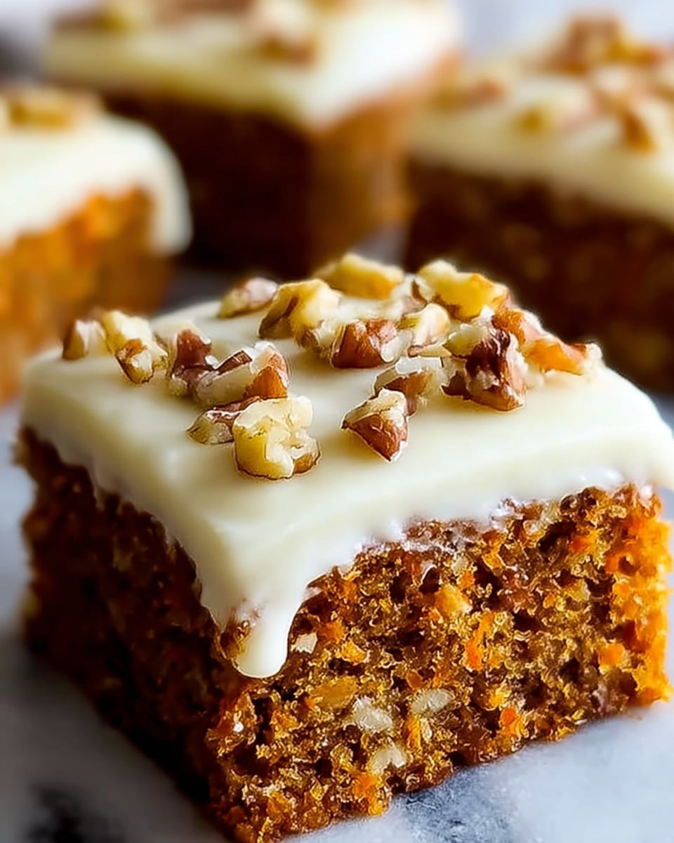 A close-up view of a square slice of carrot cake resting on a white marbled surface, showing two main layers: the bottom layer is a moist, textured carrot cake with visible small bits of carrot and nuts, colored in rich brownish-orange tones, and the top layer is a thick, smooth white cream cheese frosting that gently drips down the sides. On top of the frosting, there are chopped walnuts scattered evenly, adding a crunchy texture and warm brown color contrast. In the background, blurred pieces of the same carrot cake are visible. photo taken with an iphone --ar 4:5 --v 7