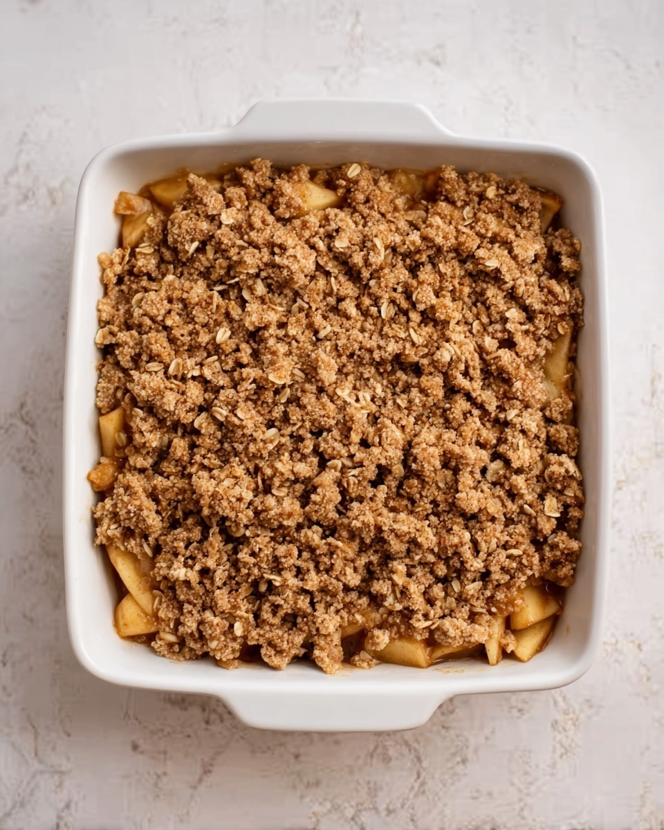 The image shows a square white baking dish filled with a freshly baked apple crisp. The bottom layer consists of soft, light golden baked apple pieces, slightly visible around the edges. The top layer is a thick, crumbly brown streusel made from oats and brown sugar, covering the fruit evenly. The texture of the topping looks crunchy and coarse, with small clumps of baked crumble scattered all over. The dish is placed on a white marbled surface, giving a clean and bright background. photo taken with an iphone --ar 4:5 --v 7