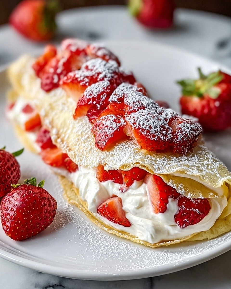 A rolled crepe lies on a white plate, filled with a thick layer of white cream mixed with sliced bright red strawberries inside. On top, there is a similar layer of sliced strawberries arranged neatly, covered lightly with powdered sugar that also dusts the pale golden outer crepe. The plate sits on a white marbled surface, with some whole strawberries placed around it for decoration. Photo taken with an iphone --ar 4:5 --v 7