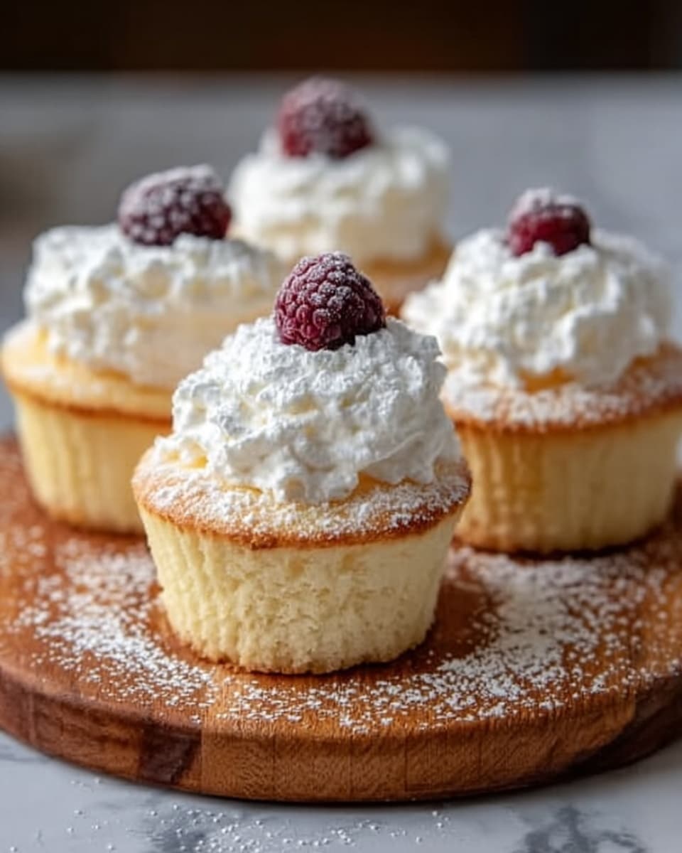 The image shows four small cupcakes on a round wooden board with a white marbled surface underneath. Each cupcake has a light golden yellow base with a soft, slightly crumbly texture. On top of each cupcake sits a dollop of white whipped cream, fluffy and slightly uneven, giving a fresh and soft look. A single dark red raspberry tops the whipped cream on each cupcake, with a light dusting of powdered sugar scattered over the cupcakes, cream, and the board, adding a delicate touch of white contrast. The photo taken with an iphone --ar 4:5 --v 7