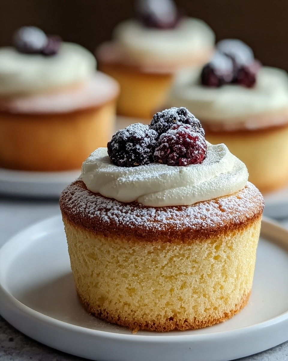 A close-up view of a light yellow cupcake with a textured, golden-brown top layer and a slightly crumbly bottom edge. On top, there is a thick layer of white cream, dusted with fine white powdered sugar, and adorned with two small, dark red and black berries that have a slightly shiny surface. The cupcake sits on a white plate with a smooth surface, placed on a white marbled texture. In the background, three more cupcakes appear slightly out of focus, showing the same creamy topping and berries. Photo taken with an iphone --ar 4:5 --v 7