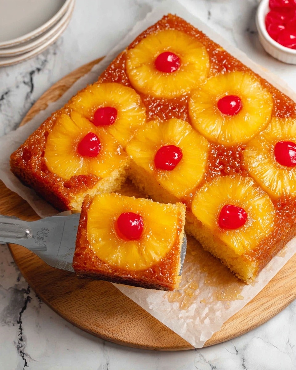 A square pineapple upside-down cake is shown on a wooden board with parchment paper underneath. The cake has a golden-brown caramelized top layer decorated with seven slices of bright yellow pineapple, each with a shiny red cherry in the center. One square piece of cake is being lifted with a spatula, showing the soft yellow cake inside under the caramelized top. The background has a white marbled texture, and there is a small white bowl with red cherries in the corner. photo taken with an iphone --ar 4:5 --v 7
