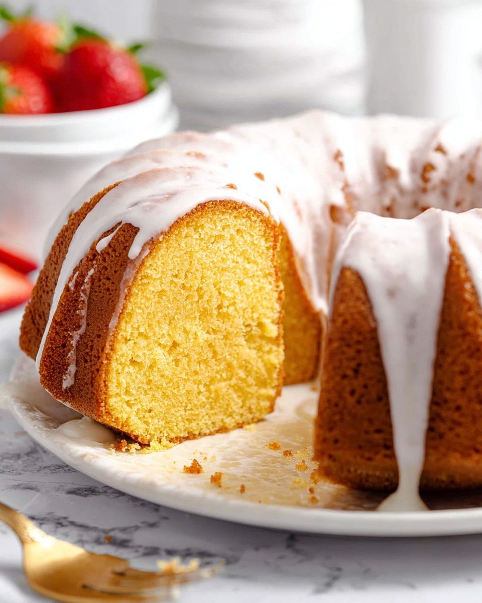 A close-up view of a moist yellow bundt cake with a smooth texture, covered in a white glaze that drips down the sides, showing a few brown spots from baking on the outer crust. A single slice is being lifted, revealing one thick layer of soft, crumbly yellow cake inside. The cake sits on a white plate with some crumbs and a small pool of glaze. In the blurred background, there is a white bowl filled with red strawberries and a couple of other white dishes on a white marbled surface. Photo taken with an iphone --ar 4:5 --v 7