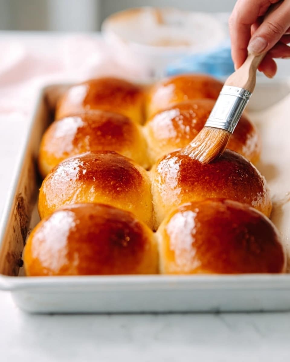 The image shows a white baking tray filled with eight shiny, golden-brown round bread rolls, arranged in two rows of four. A woman's hand is holding a brush, gently applying a glossy glaze on the surface of the bread, making them look fresh and delicious. The bread’s smooth, slightly shiny crust contrasts with the soft texture visible near the edges. The tray sits on a white marbled surface, and the background is softly blurred, keeping the focus on the rolls and the brushing action. Photo taken with an iphone --ar 4:5 --v 7