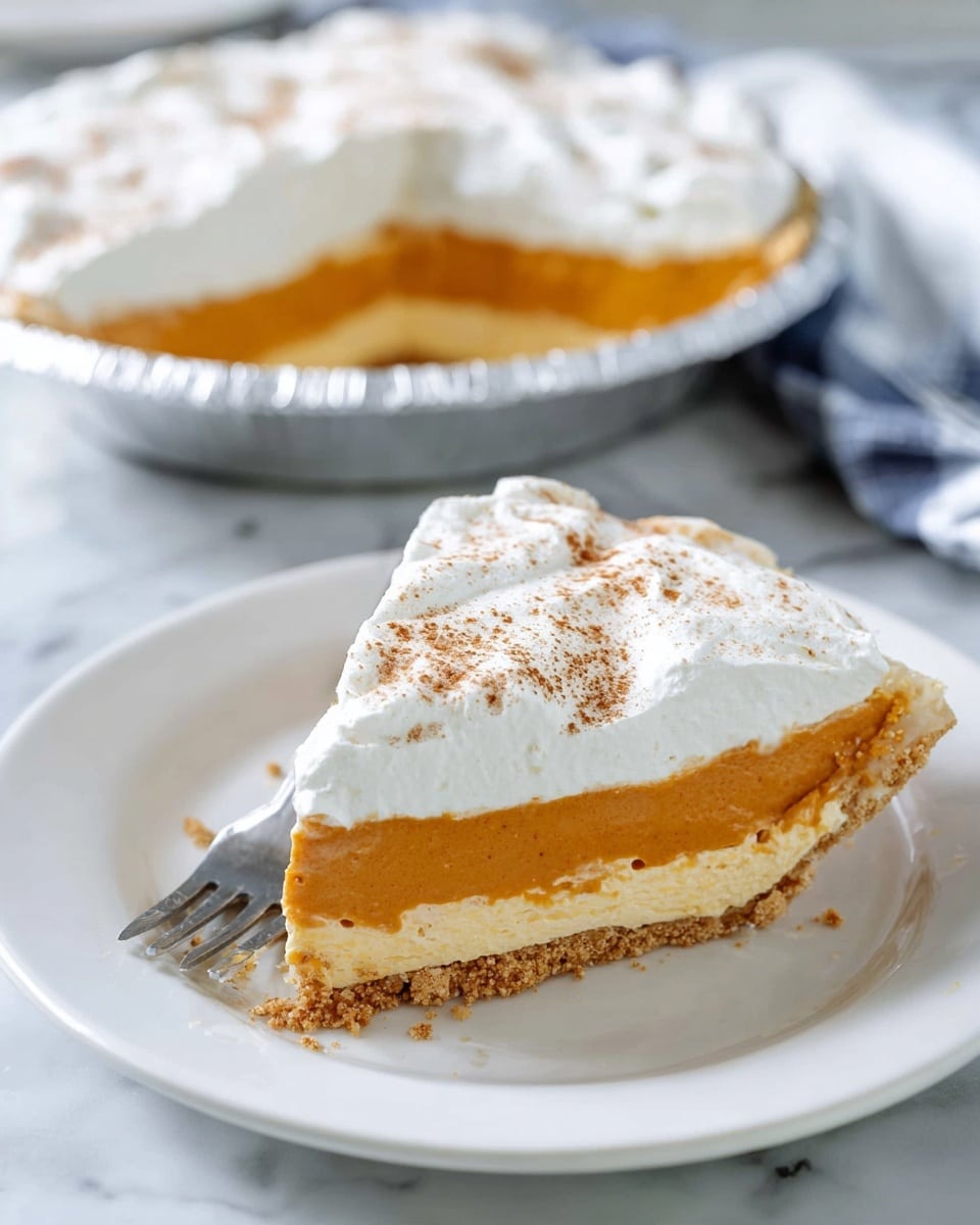 A single slice of pie sits on a white plate, showing four distinct layers: the bottom layer is a crumbly light brown crust, followed by a thick white creamy layer, then a dense orange pumpkin filling, and topped with a thick, smooth white whipped cream layer sprinkled lightly with cinnamon powder. The pie slice is viewed close up against a soft white marbled texture background. Photo taken with an iphone --ar 4:5 --v 7