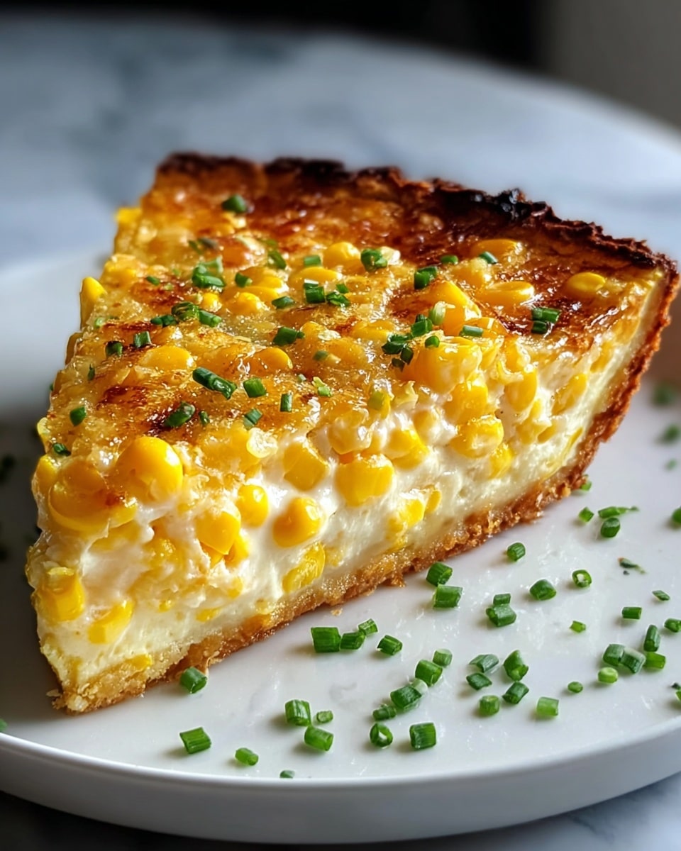 A single slice of corn casserole pie sits on a white plate with scattered green chives around it. The slice has three layers: a golden-brown crispy crust on the bottom edge, a thick creamy layer filled with whole bright yellow corn kernels in the middle, and a golden melted cheese top layer with some browned spots and green chives sprinkled on top. The plate rests on a white marbled surface. The photo taken with an iphone --ar 4:5 --v 7